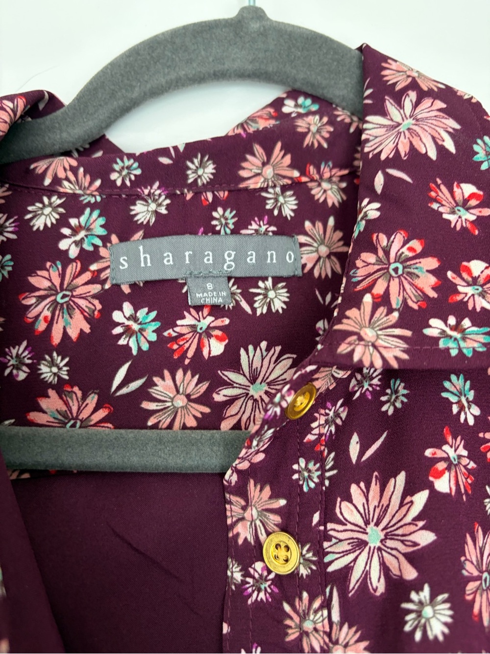 Sharagano Casual Floral Button-Front Dress  With Short Sleeves in Burgundy US8 - Picture 6 of 7